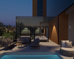 The poolside terrace lounge at Onomo Hotel in the evening, Abuja