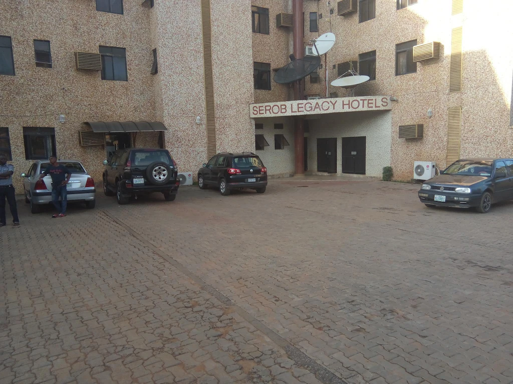 The forecourt and signed frontage of Serob Legacy Hotels, Abuja