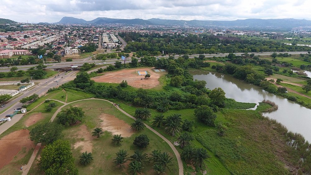 Aerial view of the green parkland and lake at Jabi Recreational Park and Lakes, Abuja