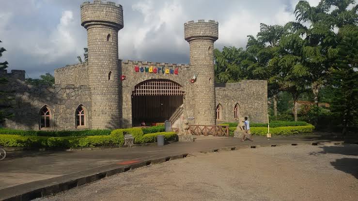 The stone castle entrance gate of Wonderland amusement park, Abuja