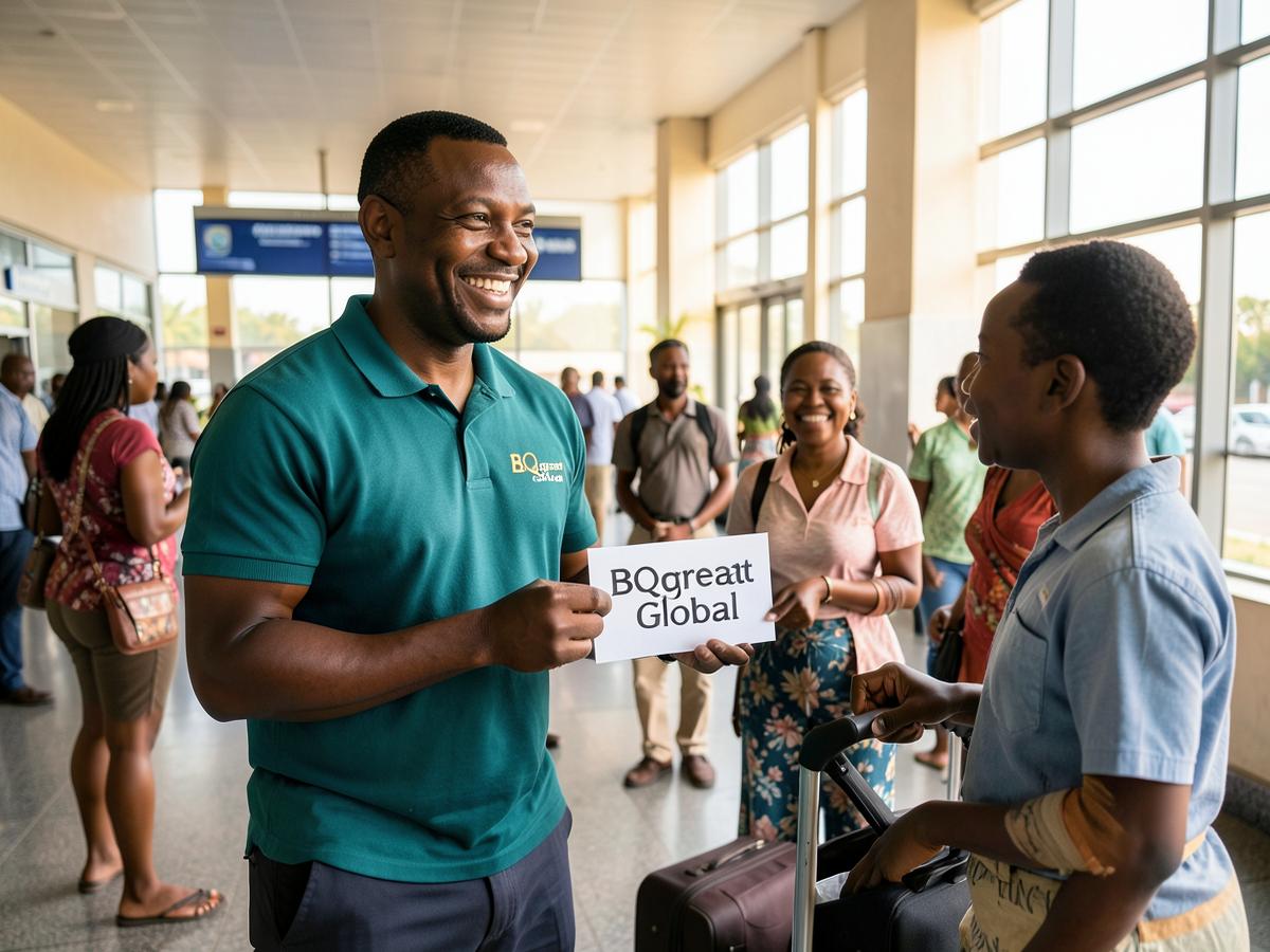 A BQgreat Global driver welcoming a family at Nnamdi Azikiwe International Airport, Abuja