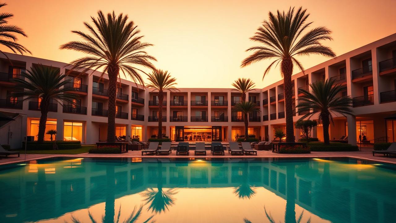 Hotel exterior with pool at golden hour