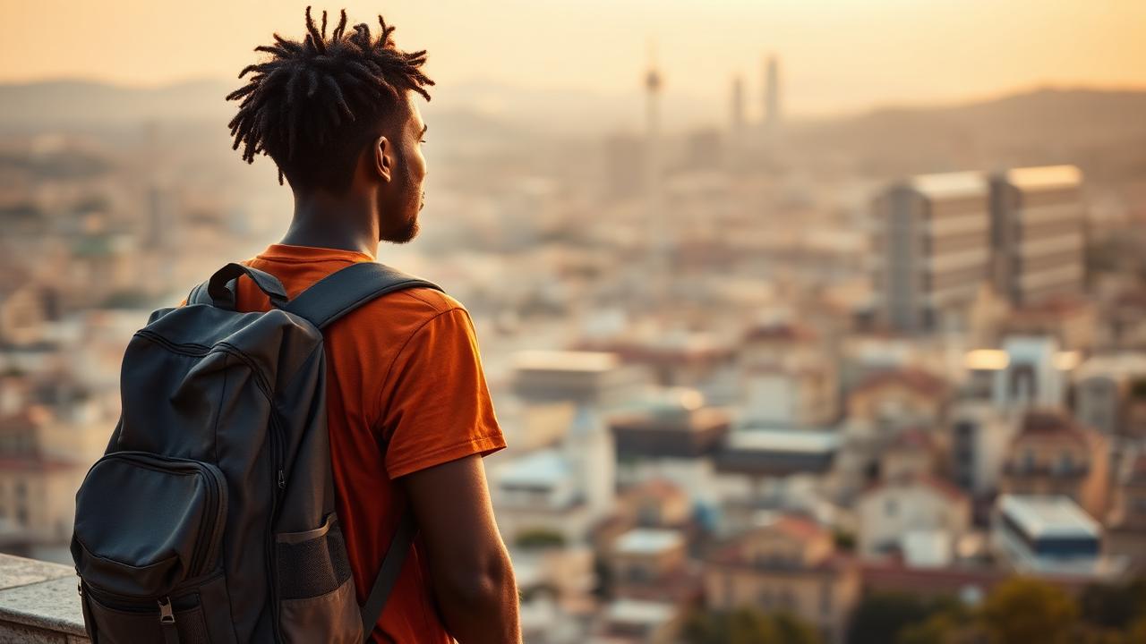 A lone traveller looking out over a city skyline at golden hour